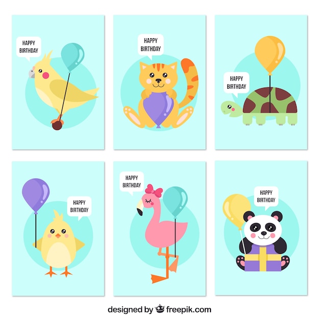 Free vector several birthday cards with nice animals