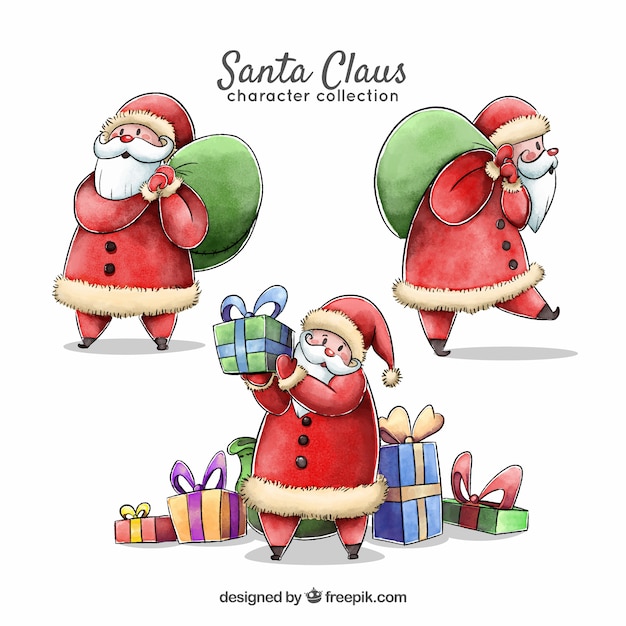 Several characters of watercolor santa claus 