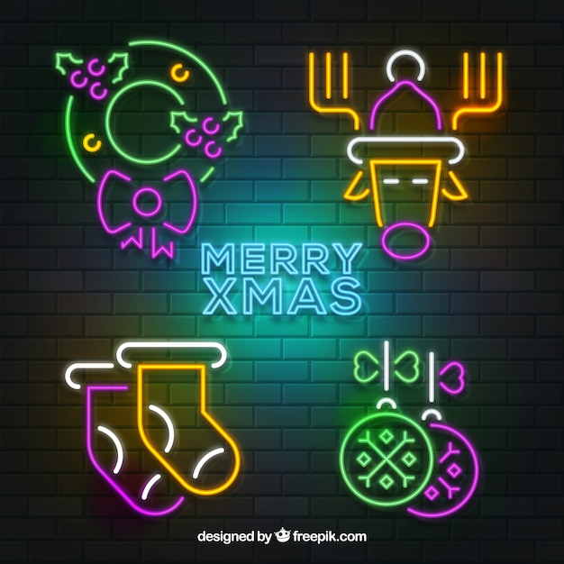 Free Vector several christmas elements of neon lights