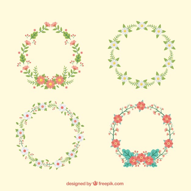 Several floral wreaths in flat design