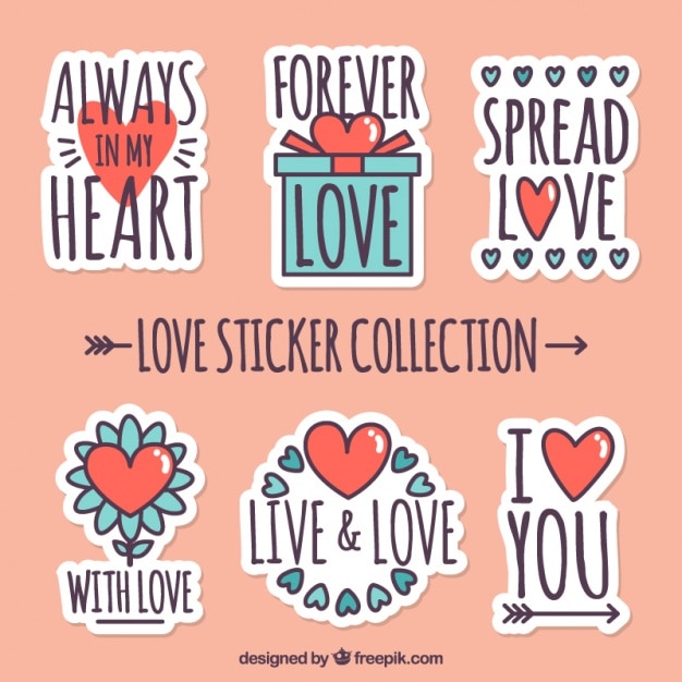 Free Vector several romantic stickers with red hearts