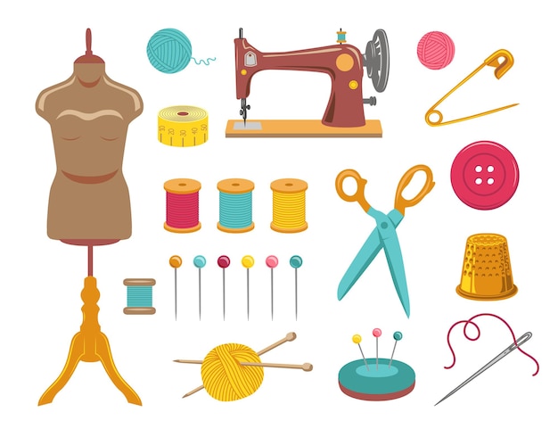 Free Vector sewing and knitting, needlework set. illustrations of tailor equipment and supplies