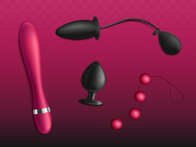 Sex toys for womens pleasure  set isolated on gradient red background.