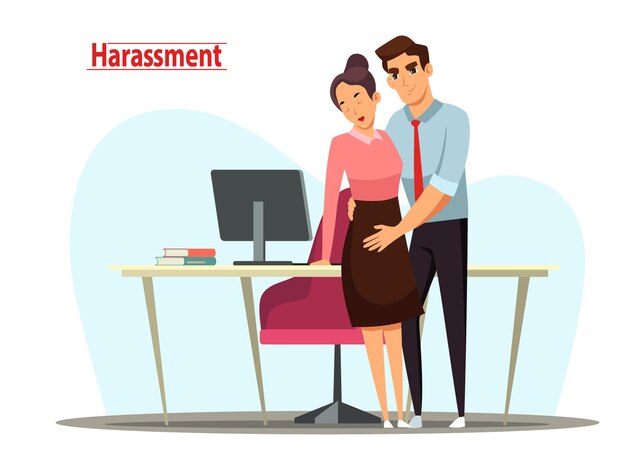 Sexual abuse incident among business people male boss or employee harassing sad woman unwanted bad experience in office between adult colleagues standing at computer desk workplace