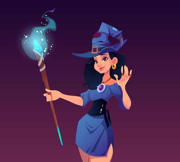 Sexy enchantress woman in costume and hat with magic staff illustration