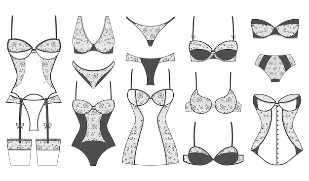 Sexy lacy lingerie set. Vector lingerie icons. Female fashion lingerie, underwear sexy, cloth design lingeria lacy illustration