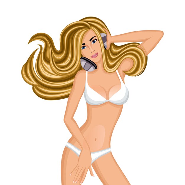 Sexy slim longhaired girl in white bikini with headphones character illustration