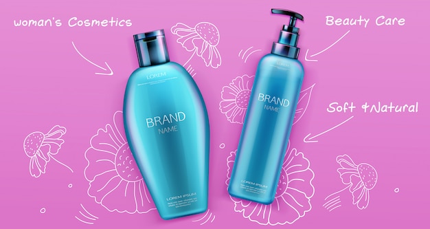 Free Vector shampoo and conditioner beauty cosmetics product for hair care on pink 