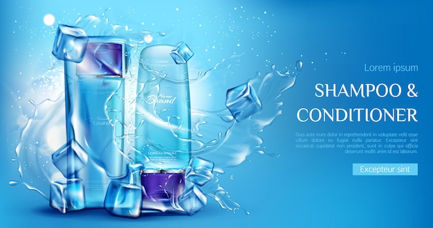 Shampoo and conditioner cosmetic bottles mockup with ice cubes and water splashes on blue