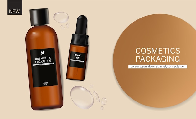 Free Vector shampoo and oil cosmetics packaging design vector realistic brand mock up banner water drops