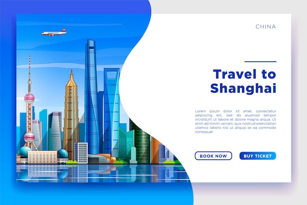 Free Vector shanghai travel banner. vector template design with travel and tour text and most famous landmarks and tourist destinations elements in colorful background. vector illustration.
