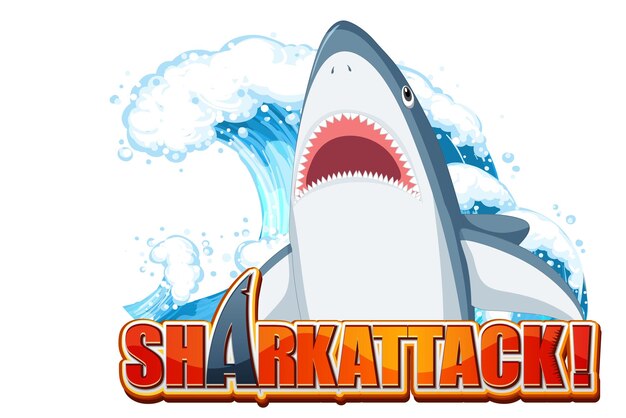 Shark attack font logo with cartoon aggressive shark