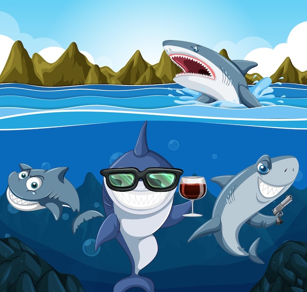 Free vector shark cartoon character underwater scene