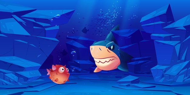 Shark and puffer fish in sea or ocean bottom with rocks around.