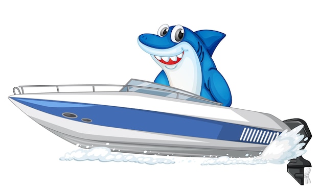 Shark on speed boat cartoon character on white background