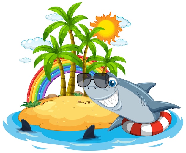 Free vector shark swimming using inflatable ring next to island