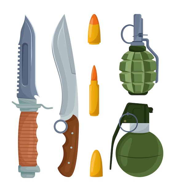 Free Vector sharp knives, bullets and grenades cartoon illustration set. military equipment for soldiers on white background. blade weapon, war, military conflict, assault concept