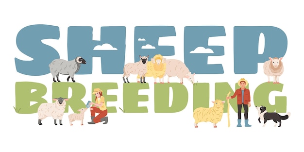 Free Vector sheep breeding flat text banner with farmers and various breeds of farm animals vector illustration