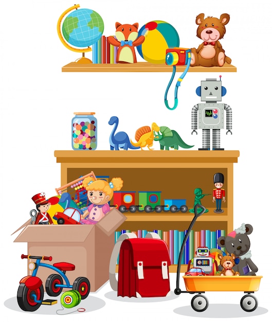 Shelf and box full of toys on white background