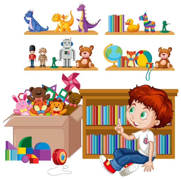 Shelf and box full of toys on white background