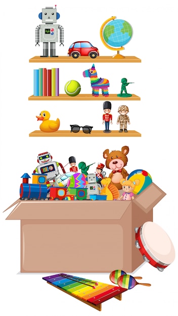 Free Vector shelf and box full of toys on white 