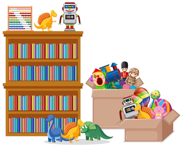 Shelf full of books and toys on white background