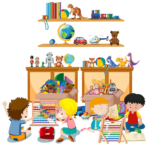 Shelf full of books and toys on white background