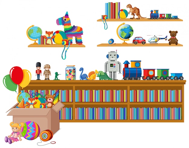 Shelf full of books and toys on white