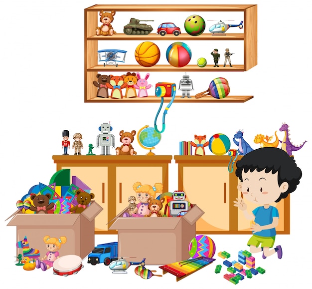 Shelf full of books and toys