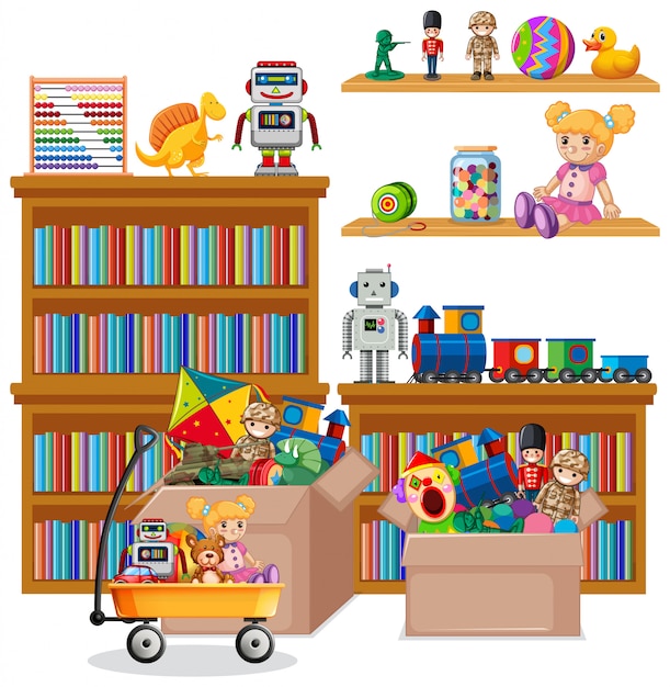 Shelf full of books and toys