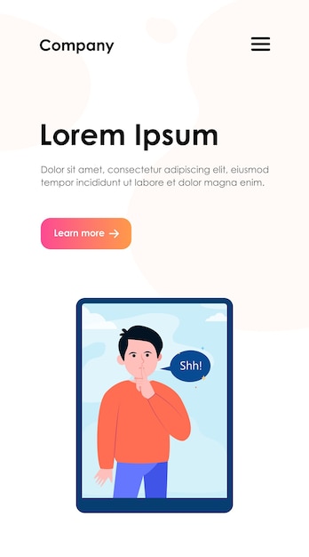 Shh man on tablet computer screen. Finger, silence, speech bubble. Communication and message concept for website design or landing web page