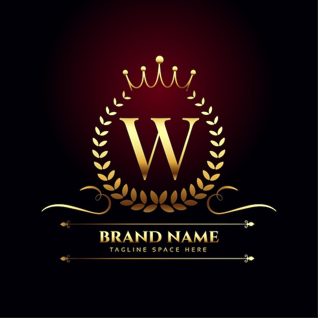 Free Vector shimmering golden letter w symbol floral background with stylish crown design