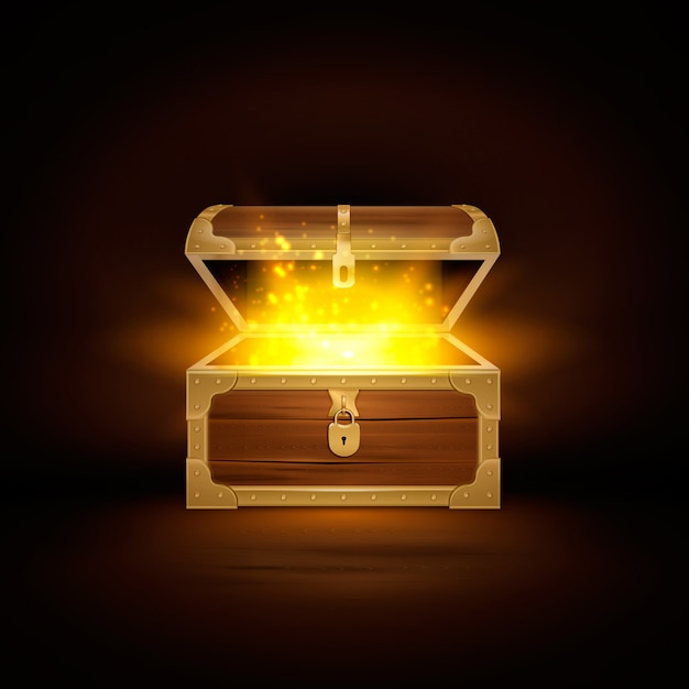 Shine in old wooden chest realistic composition of treasure coffer with open lid and golden particles