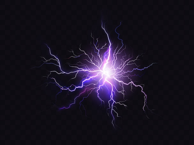 shining purple lighting isolated on dark background. Illuminated violet electrical discharge