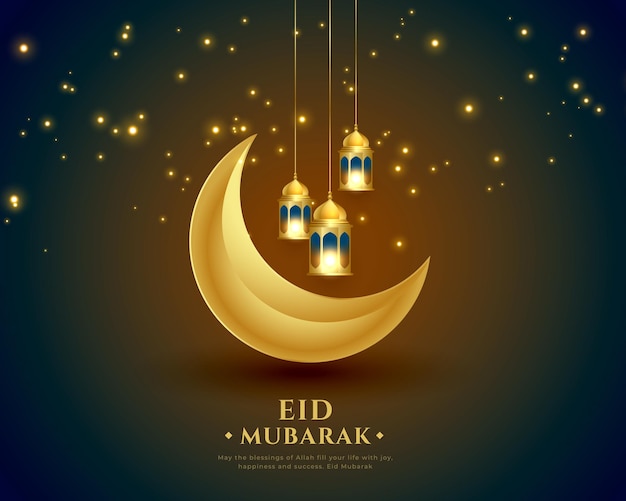 Free vector shiny eid mubarak invitation card with 3d crescent and lamp