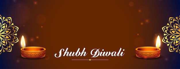 Free Vector shiny shubh diwali banner with realistic oil diya and text space