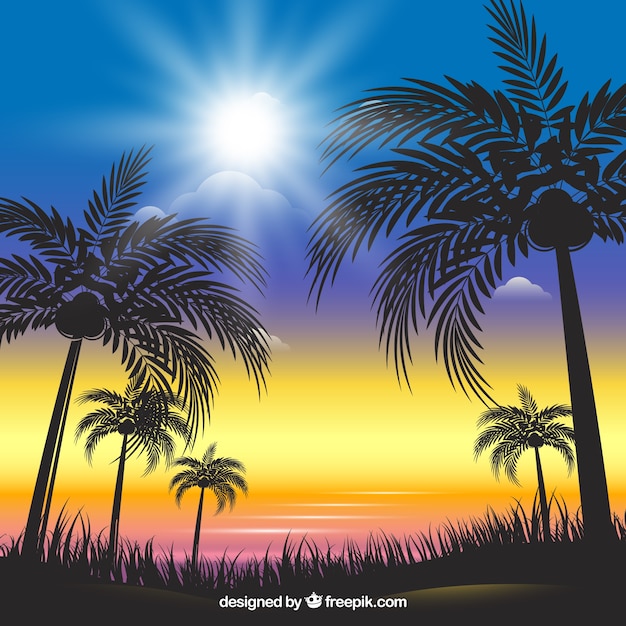 Shiny summer background with palm tree silhouettes