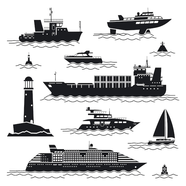 Free vector ship and boat set. liner and container, freighter and buoy, lighthouse and yacht