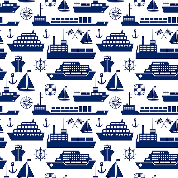 Ships and boats marine seamless background pattern with silhouette vector icons of a cruise liner  yacht  sailboat  container ship  tanker  freighter  anchor  semaphore flags  ships wheel  square