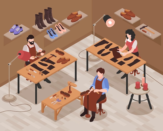 Free Vector shoemaker shop interior isometric composition with craftsmen repairing and making customer shoes footwear by hand