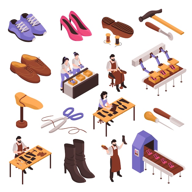 Free Vector shoes repair manufacturing process isometric set with shoemaker traditional craftsman tools modern footwear production line vector illustration