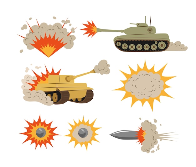 Free vector shooting tanks and explosions vector illustrations set. collection of cartoon drawings of bomb blasts, fire, clouds of smoke after burst, gun bullets on white background. war, armament concept