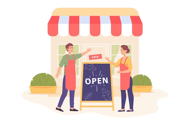 Free vector shop owner couple standing next to open sign and building