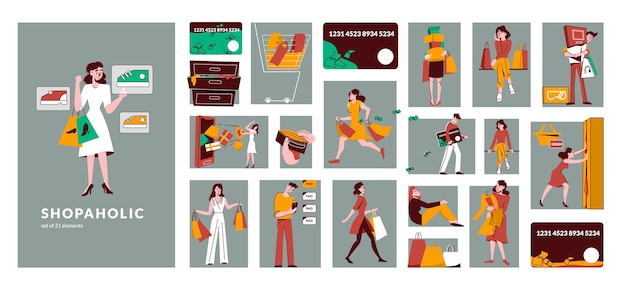 Free Vector shopaholic flat composition consisting from separate rectangular illustrations of male and female characters holding bags with purchases isolated vector illustration