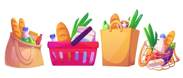 Free Vector shopping bag supermarket basket with grocery