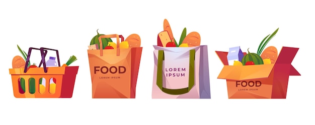 Shopping bags, supermarket basket and box with grocery.