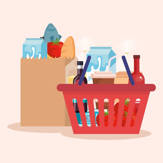 Free Vector shopping basket and bag with products