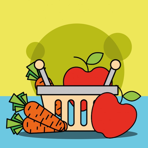 Shopping basket with fruits and vegetables carrot apple