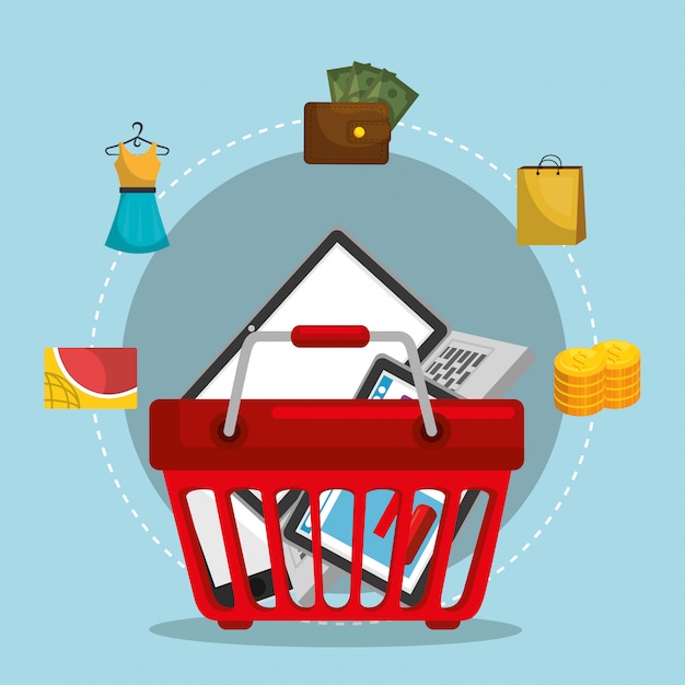 Free Vector shopping basket with marketing set