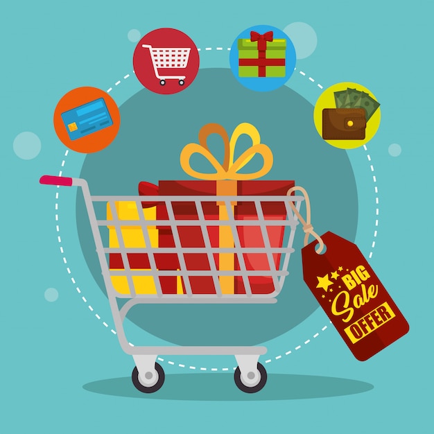 shopping cart with marketing set icons